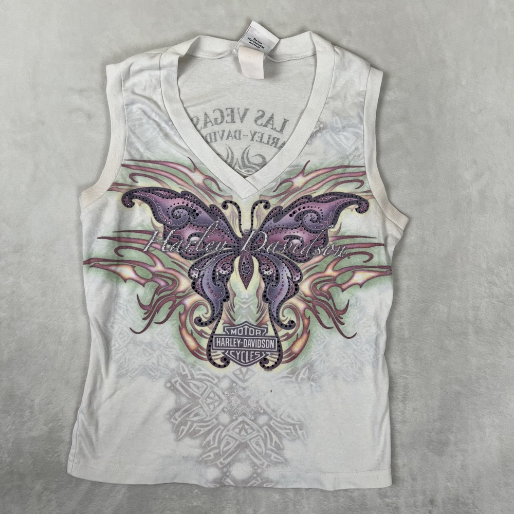 VTG Harley-Davidson Tank Top Womens Small White Butterfly Rhinestone Las Vegas